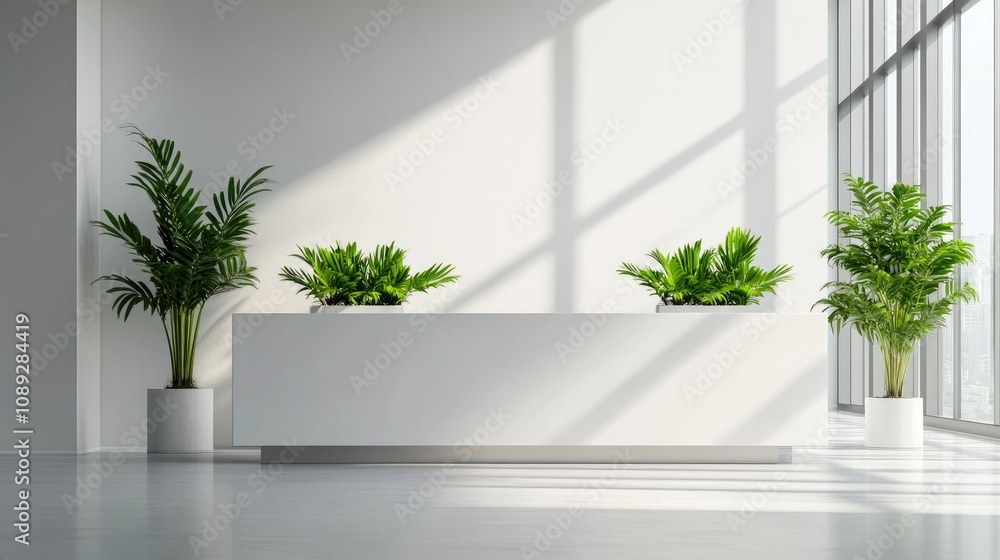Bright and airy white office reception area featuring elegant indoor plants and large windows showcasing abundant natural light. Bright and airy white office reception area featuring elegant indoor plants and large windows showcasing abundant natural light.