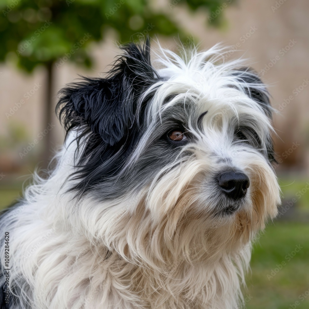 Fluffy dog portrait. Adorable black and white dog, radiating innocence and gentle companionship. A symbol of loyalty and unconditional love. Fluffy dog portrait. Adorable black and white dog, radiating innocence and gentle companionship. A symbol of loyalty and unconditional love.