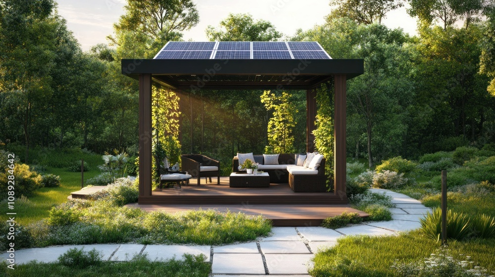 Modern gazebo with solar panels on top, eco-friendly design, surrounded by green space Modern gazebo with solar panels on top, eco-friendly design, surrounded by green space