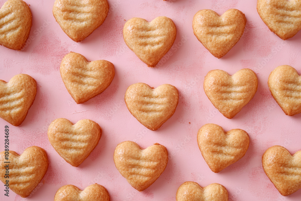 Heart-shaped cookies arranged on a soft pink background with a textured surface and ridged details on each cookie. Heart-shaped cookies arranged on a soft pink background with a textured surface and ridged details on each cookie.