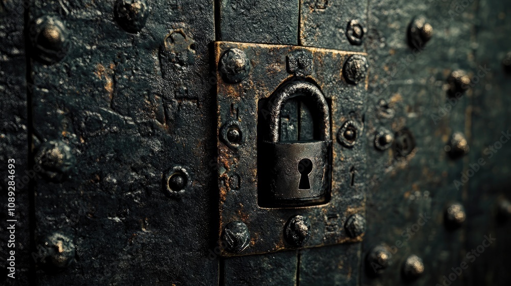 Rustic padlock on a weathered door, symbolizing security and safety with intricate metal detailing and a textured surface. Rustic padlock on a weathered door, symbolizing security and safety with intricate metal detailing and a textured surface.