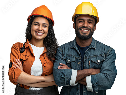 A man and a woman are smiling and posing for a picture. The man is wearing a blue jacket and the woman is wearing an orange shirt