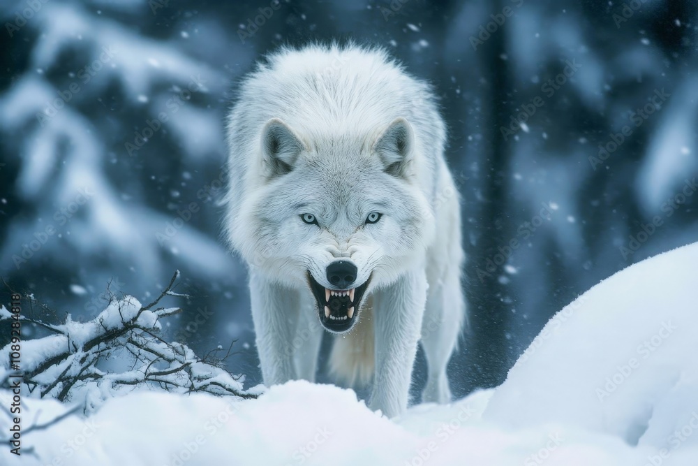 Obraz premium Fierce Arctic Wolf Emerging from Snowy Landscape in Winter Wilderness