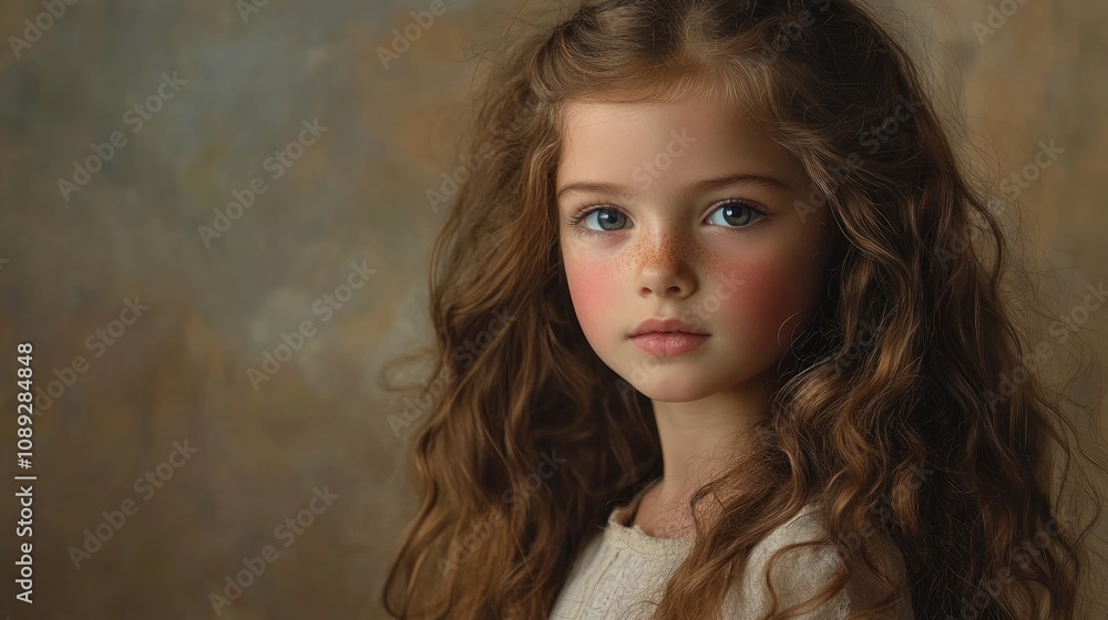 Charming portrait of a young girl with long, curly hair, featuring soft facial features and a serene expression against a warm, neutral background. Charming portrait of a young girl with long, curly hair, featuring soft facial features and a serene expression against a warm, neutral background.