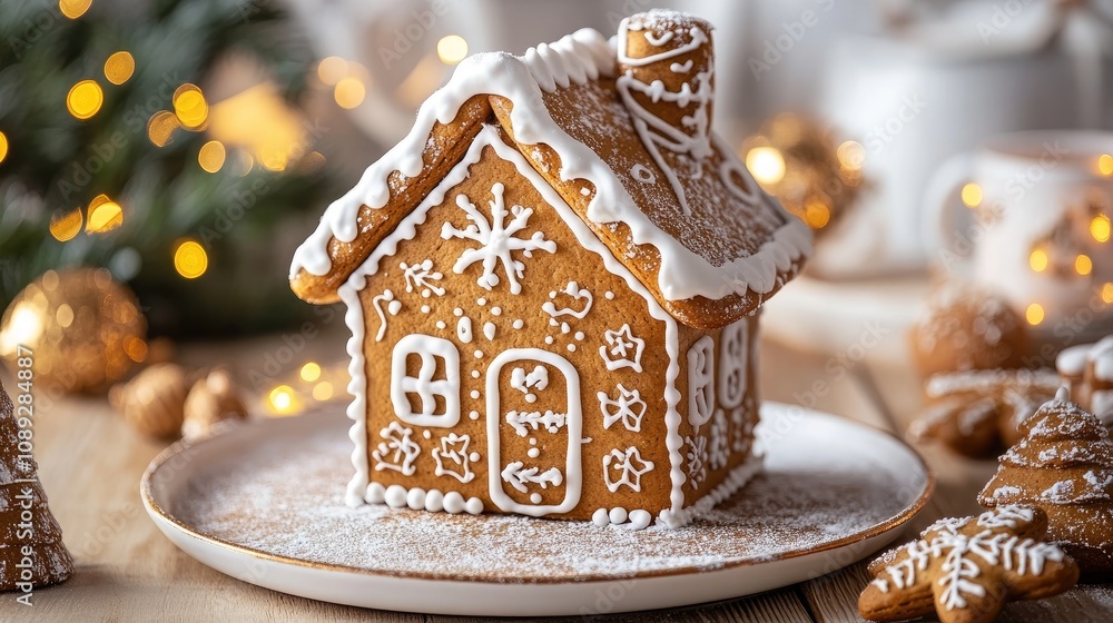 Gingerbread house Christmas card design featuring intricate icing details, surrounded by festive decorations and warm glittering lights Gingerbread house Christmas card design featuring intricate icing details, surrounded by festive decorations and warm glittering lights