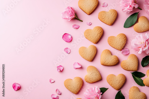 Heart-shaped cookies arranged on a pink background, accompanied by scattered flower petals and blossoms.