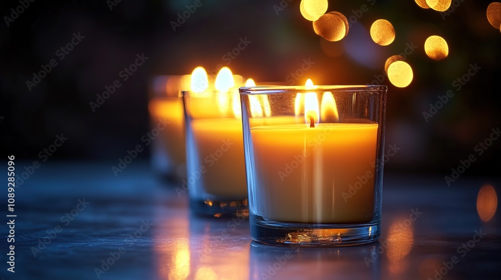 Candles with warm glow in twilight, bokeh lights background Candles with warm glow in twilight, bokeh lights background