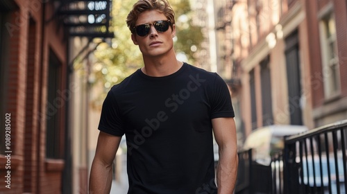 Male model in a fitted black cotton T-shirt and stylish sunglasses, confidently posing on a vibrant urban street with rich architectural details.