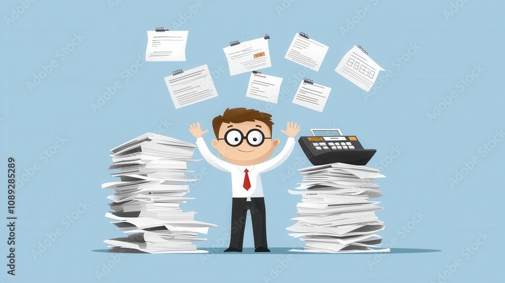 accountants cartoon. A cartoon character in a suit balances paperwork and a calculator, symbolizing the stress of managing tasks and deadlines in an office setting. accountants cartoon. A cartoon character in a suit balances paperwork and a calculator, symbolizing the stress of managing tasks and deadlines in an office setting.