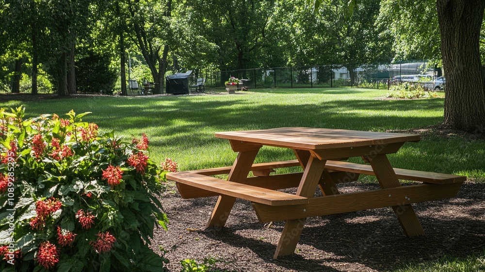 Fototapeta premium Wooden picnic table surrounded by lush green grass and vibrant flowers in a sunny garden, perfect for a summer gathering.