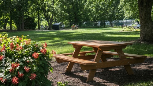 Wooden picnic table surrounded by lush green grass and vibrant flowers in a sunny garden, perfect for a summer gathering.