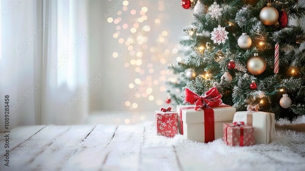 Blurred Winter Background with a Decorated Christmas Tree and Snowflakes, Festive and Cozy Holiday Scene Blurred Winter Background with a Decorated Christmas Tree and Snowflakes, Festive and Cozy Holiday Scene