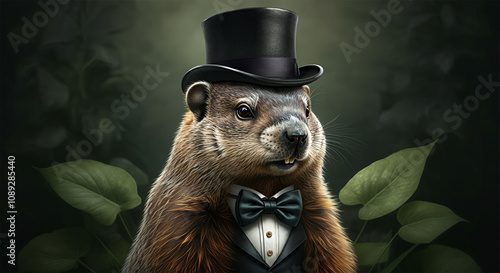 Ground Hog wearing a Top Hat and Bow Tie, Looking Handsome, Sophisticated, Dapper, Gound Hog's Day Image photo