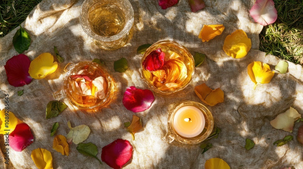 A serene setup with drinks and candles surrounded by colorful flower petals. A serene setup with drinks and candles surrounded by colorful flower petals.