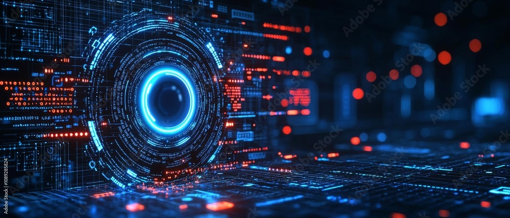 Fototapeta premium Abstract glowing digital profile on blue background with binary code and mockup space