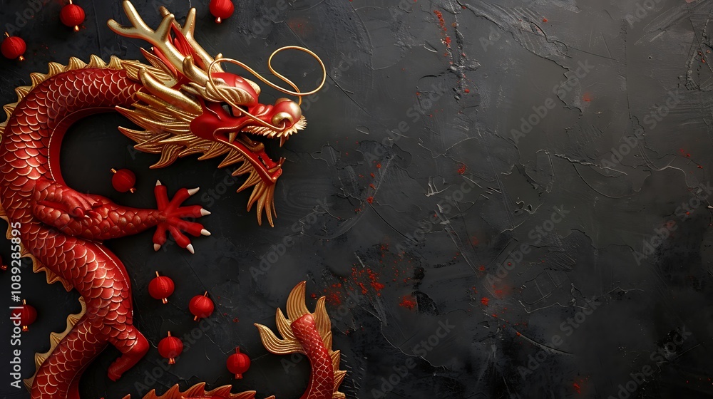 Fototapeta premium A striking red dragon design against a dark textured background, symbolizing strength and culture.
