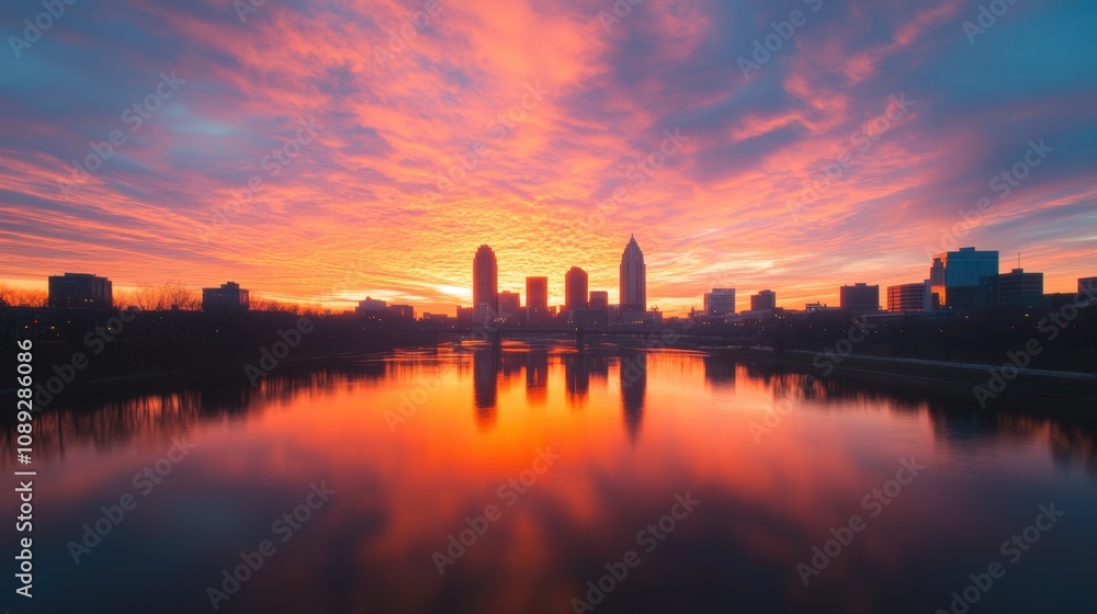 stunning sunset over a city skyline reflecting on the water stunning sunset over a city skyline reflecting on the water