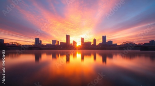 stunning sunset over a city skyline reflecting in water