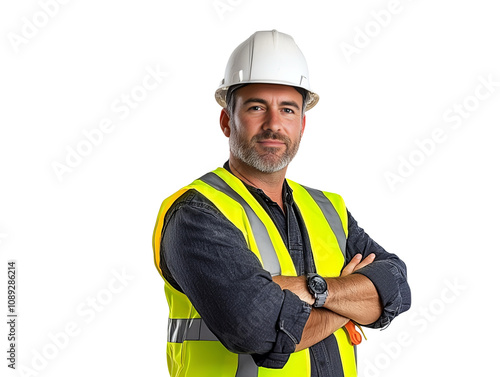 A man wearing a yellow vest and a hard hat is standing with his arms crossed. He is a construction worker or a worker in a hazardous environment