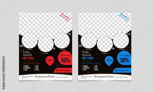 Fast food restaurant menu Design Layout. Healthy fast food, pizza & hamburger online sale flyer design templates modern with colourful   A4 size. Food menu and restaurant social media template.
