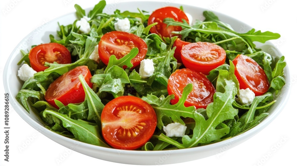 Vibrant arugula salad with juicy tomatoes and creamy goat cheese highlighting a fresh, healthy eating lifestyle