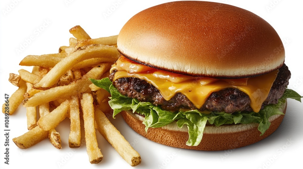 Savory beef burger with melted cheese and crisp lettuce on a warm brioche bun, accompanied by a side of golden, crispy French fries. Savory beef burger with melted cheese and crisp lettuce on a warm brioche bun, accompanied by a side of golden, crispy French fries.