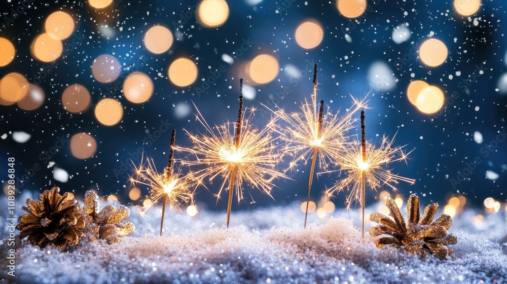 Fototapeta premium Panoramic New Year celebration background with purple firework sparklers amidst snowflakes and bokeh lights against a dark blue night sky.
