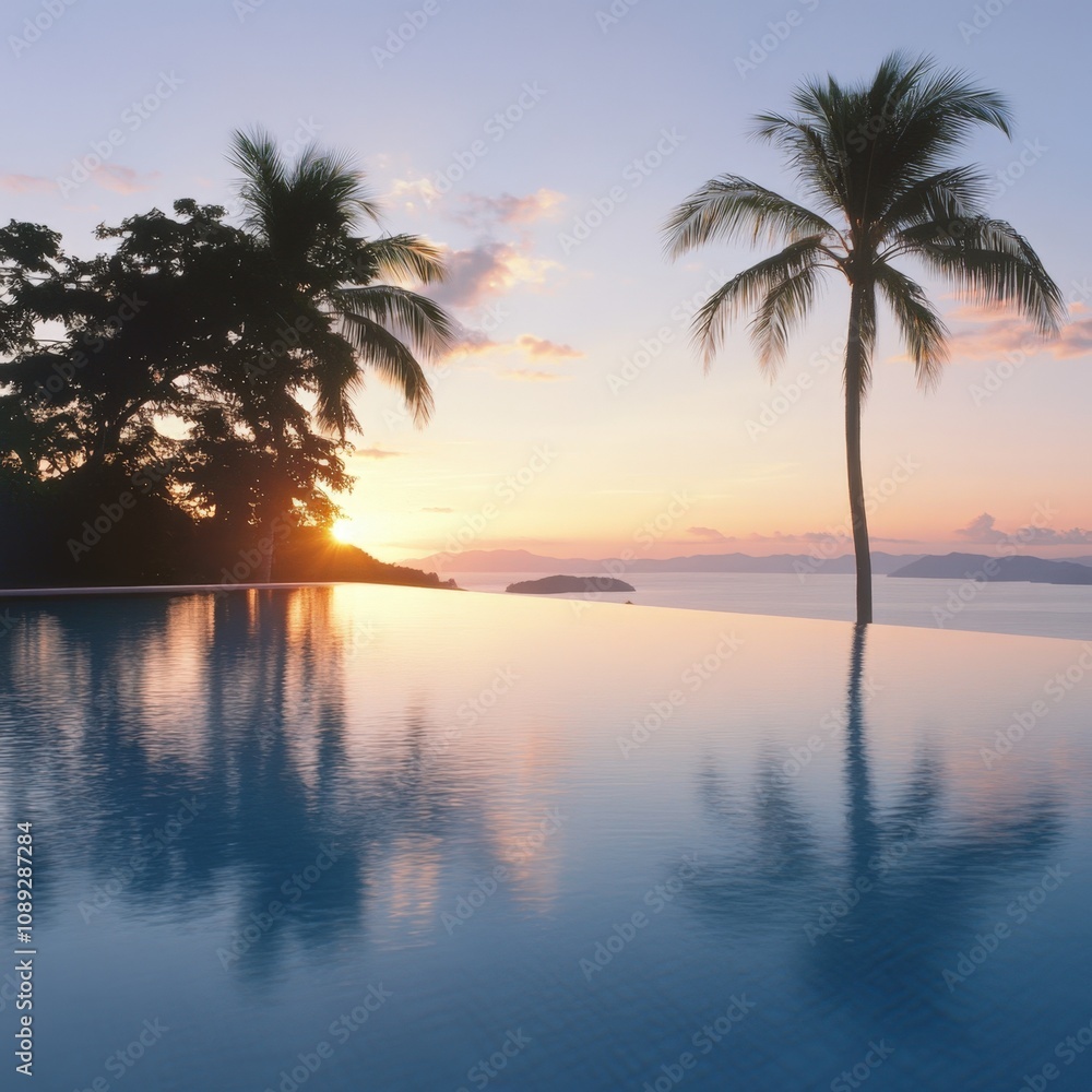 serene sunset over a tranquil pool with palm trees serene sunset over a tranquil pool with palm trees