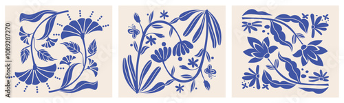 Blue ceramic plants and flowers botanical set adorable, lovely, pretty, vintage, modern, flat, decorative, organic, leaf, leaves, ornament, line, silhouette vector
