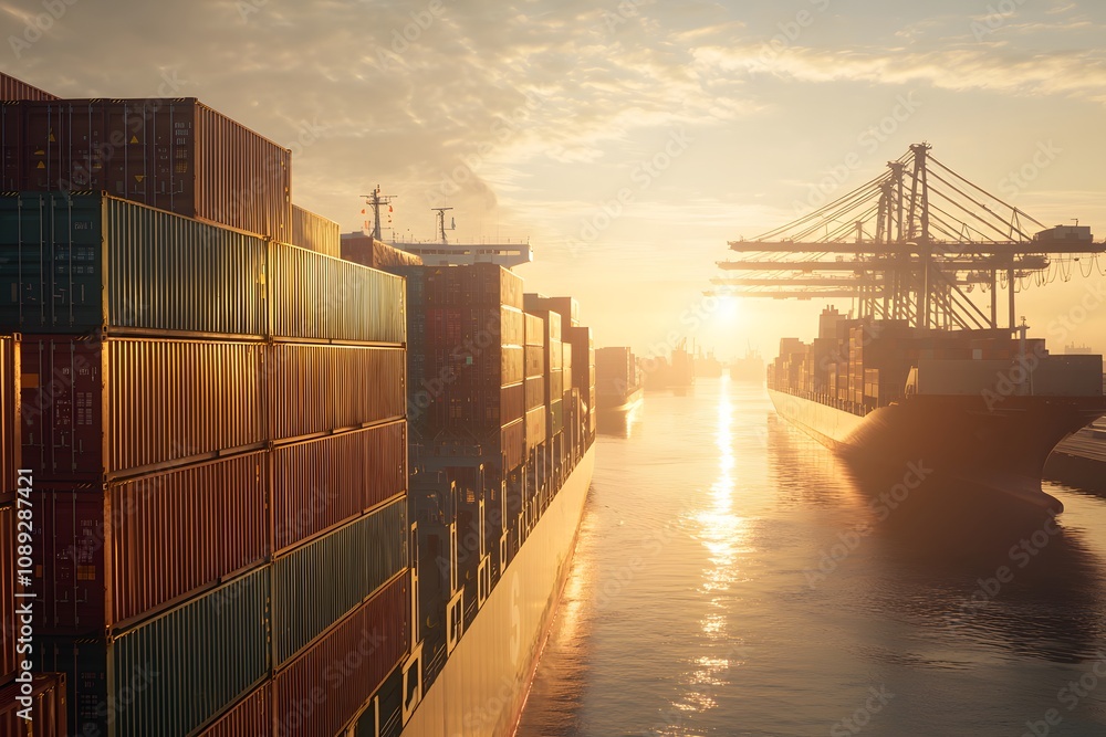 Fototapeta premium Large Container Ships Lined Up in a Container Port – Maritime Trade, Shipping Industry, and Global Logistics