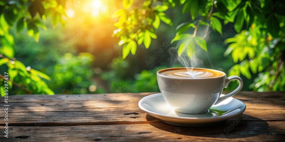 A steaming cup of latte art coffee rests on a rustic wooden table in a natural setting, surrounded by lush greenery and warm sunlight. A steaming cup of latte art coffee rests on a rustic wooden table in a natural setting, surrounded by lush greenery and warm sunlight.