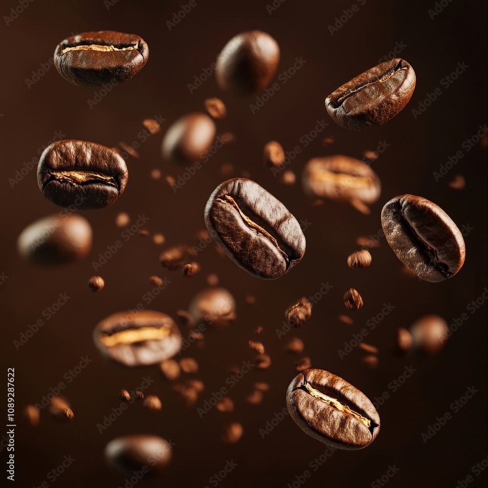 Floating Coffee Beans in Motion Against a Dark Background Floating Coffee Beans in Motion Against a Dark Background