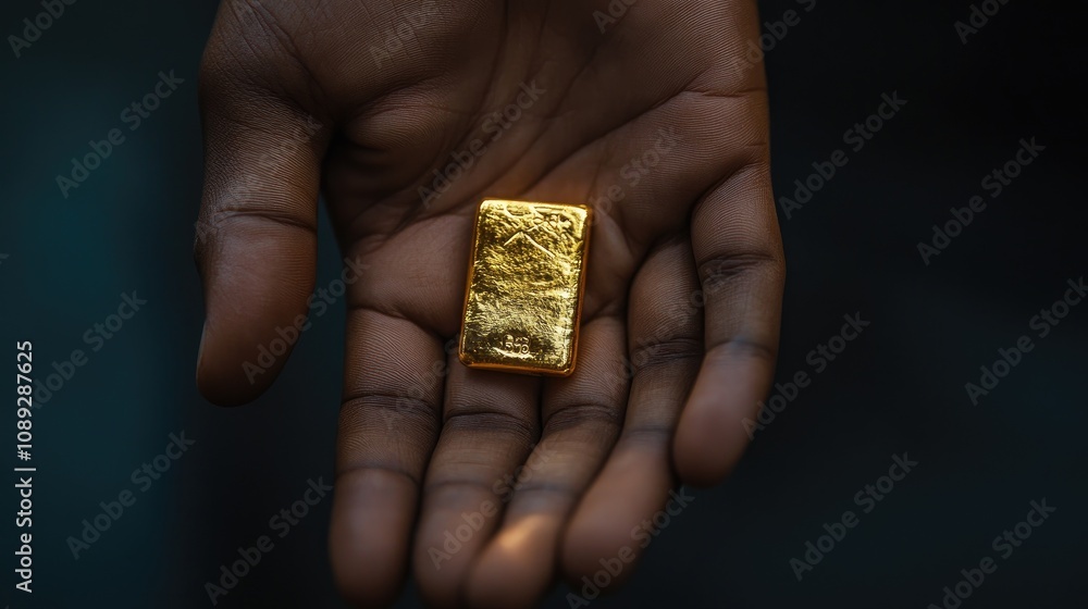 Fototapeta premium Hand holding a small gold bar symbolizing wealth and investment, highlighting the intricate details of the precious metal against a dark background.
