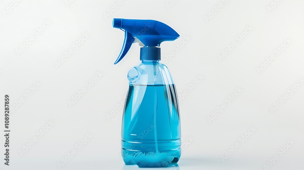 A blue spray bottle filled with liquid, designed for cleaning or disinfecting surfaces. A blue spray bottle filled with liquid, designed for cleaning or disinfecting surfaces.