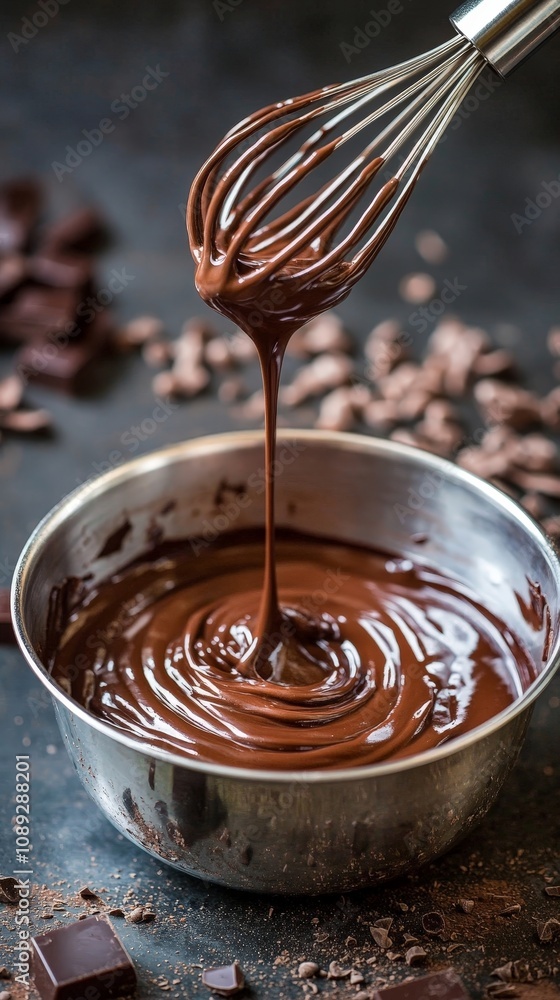 Smooth Melted Chocolate in a Bowl with Whisk and Chocolate Pieces Around Smooth Melted Chocolate in a Bowl with Whisk and Chocolate Pieces Around
