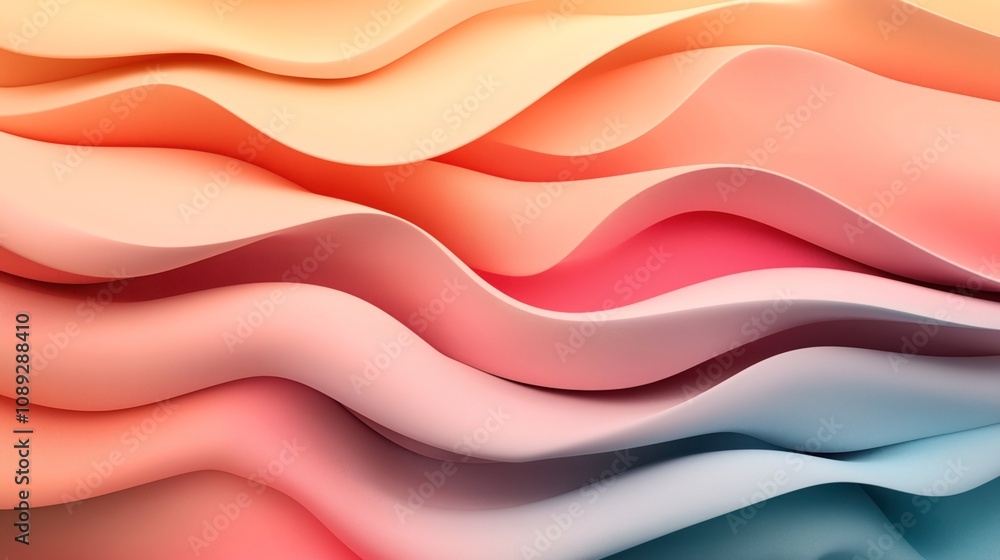 Abstract image of undulating, colorful paper-like layers in warm shades of orange, pink, and peach with soft gradient transitions. Abstract image of undulating, colorful paper-like layers in warm shades of orange, pink, and peach with soft gradient transitions.