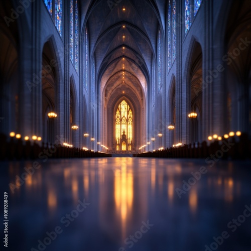 stunning interior of a gothic cathedral with beautiful stained glass windows and warm lighting