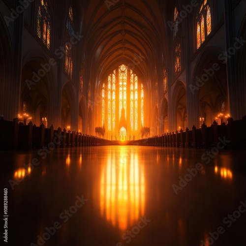 stunning interior of a grand cathedral with vibrant stained glass windows and warm lighting