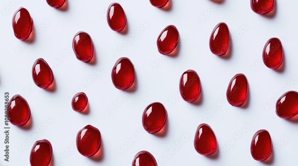 Scattered red droplets resembling blood on a smooth white surface, featuring a glossy finish and varied shapes for visual interest.