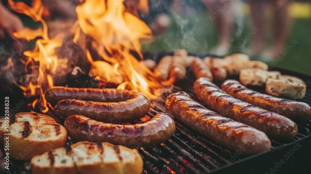 Bonfire picnic scene with grilled sausages and bread, capturing joyful moments and interactions around the summer fire. Bonfire picnic scene with grilled sausages and bread, capturing joyful moments and interactions around the summer fire.