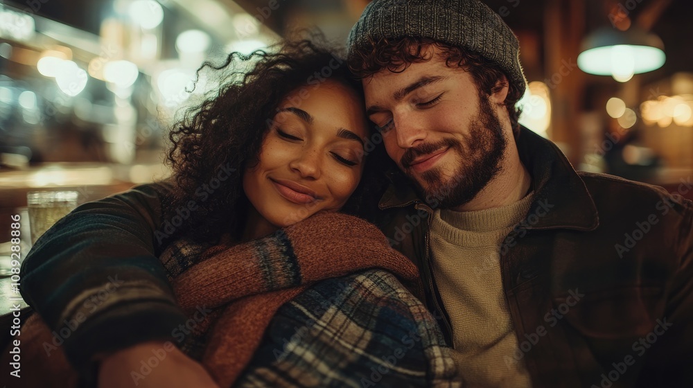 Couple embracing warmly while sharing a cozy moment in a charming café, showcasing joy and affection with soft lighting and intimate atmosphere. Couple embracing warmly while sharing a cozy moment in a charming café, showcasing joy and affection with soft lighting and intimate atmosphere.