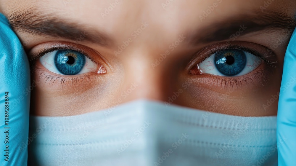 Man with striking blue eyes partially covered by gloves and a mask, highlighting focus in an aesthetic medicine clinic setting. Man with striking blue eyes partially covered by gloves and a mask, highlighting focus in an aesthetic medicine clinic setting.