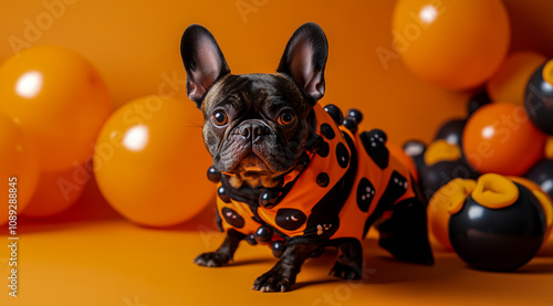 A bulldog wearing an orange and black Halloween costume photo