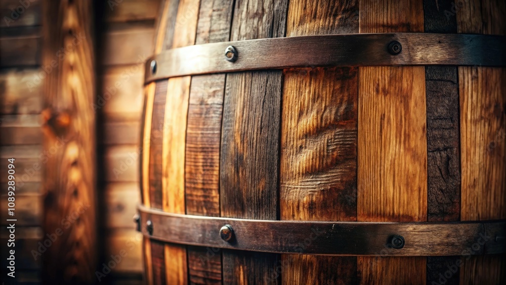 A close-up view of a wooden barrel with metal hoops, showcasing the texture of aged wood and the craftsmanship of its construction.