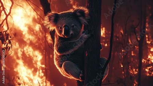 Koala clinging to a tree surrounded by intense flames during a devastating forest wildfire, highlighting the impact of environmental crises.