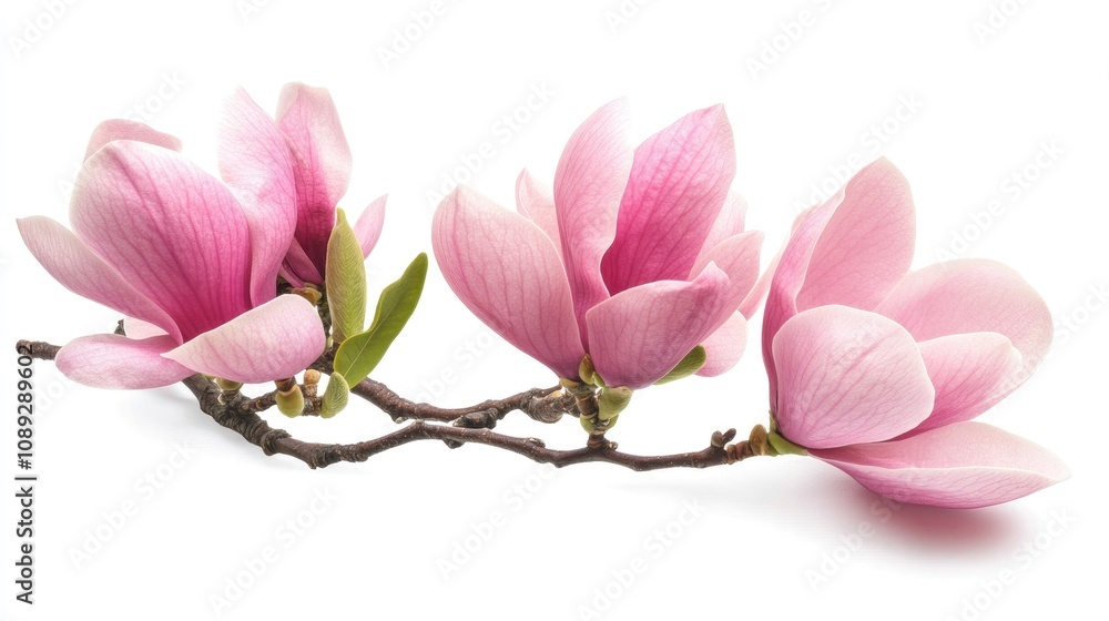 Obraz premium Magnolia flower branch adorned with pink blooms and fresh green leaves, elegantly isolated on a crisp white background.