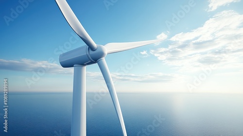 Large wind turbine blade positioned against a vibrant blue sky with wispy clouds, highlighting advancements in renewable energy technology over the ocean.