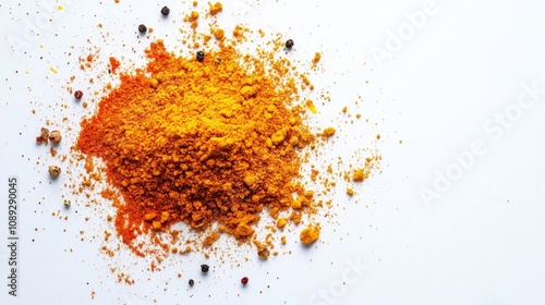 Fototapeta Naklejka Na Ścianę i Meble -  Vibrant heap of golden curry powder with scattered spices on a clean white background, viewed from above, highlighting its rich texture and color.