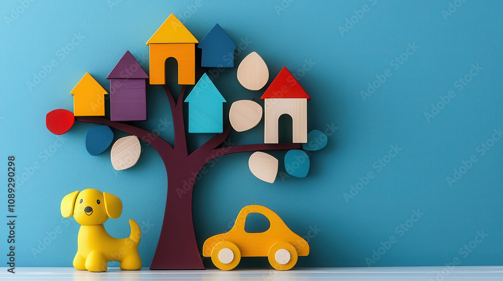 Vibrant Wooden Toy Tree with Colorful Birdhouses and Playful Dog and Car Figures for Children's Room Decor and Imaginative Play Vibrant Wooden Toy Tree with Colorful Birdhouses and Playful Dog and Car Figures for Children's Room Decor and Imaginative Play