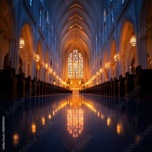 stunning interior of a grand cathedral with beautiful stained glass windows and reflective floor